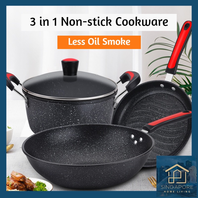 (SUPER OFFER?)New High-quality Three-piece Non-stick Cookware Set Kitchen Soup Pot Frying Pan Wok Kitchenware Cover